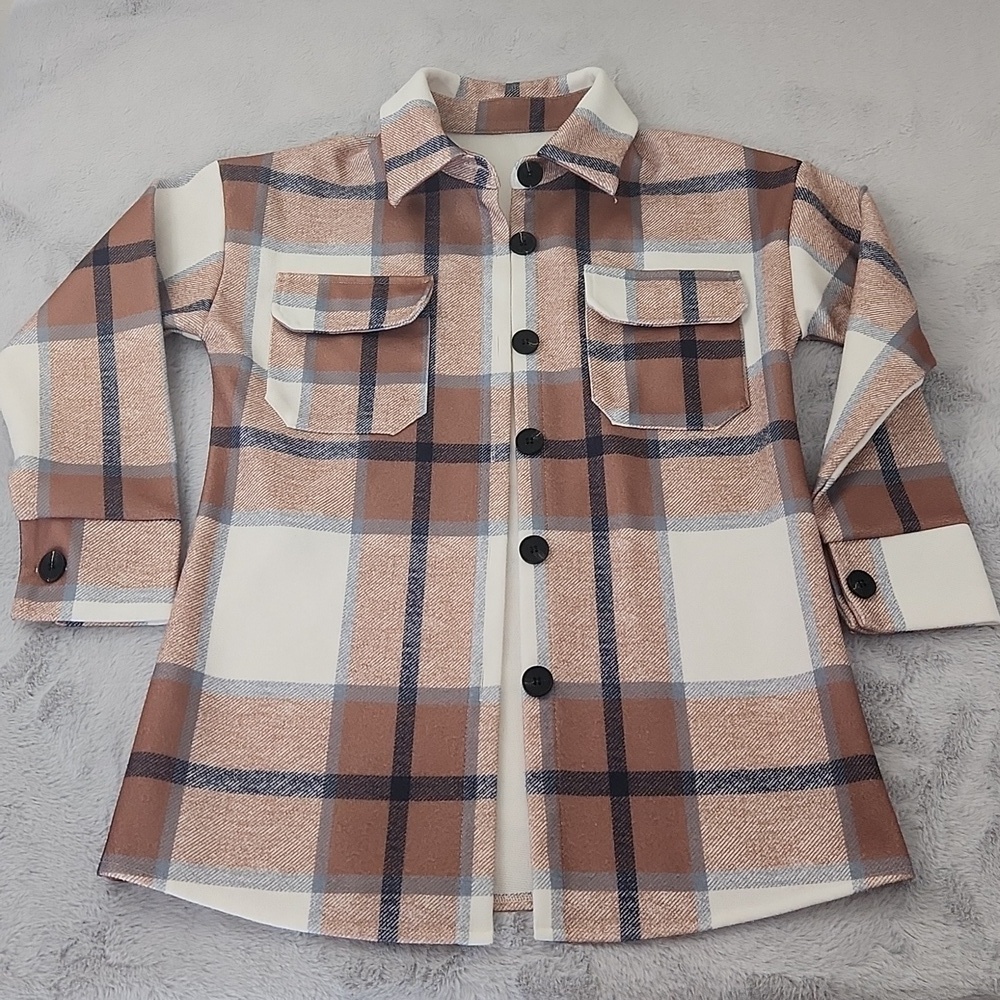 Women's Plaid Shacket Shirt Jacket Tan Cream Button Front Overshirt Lightweight - Picture 10 of 15